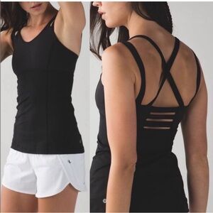 Lululemon Happy Strappy Black Workout top and Camo Leggings Set